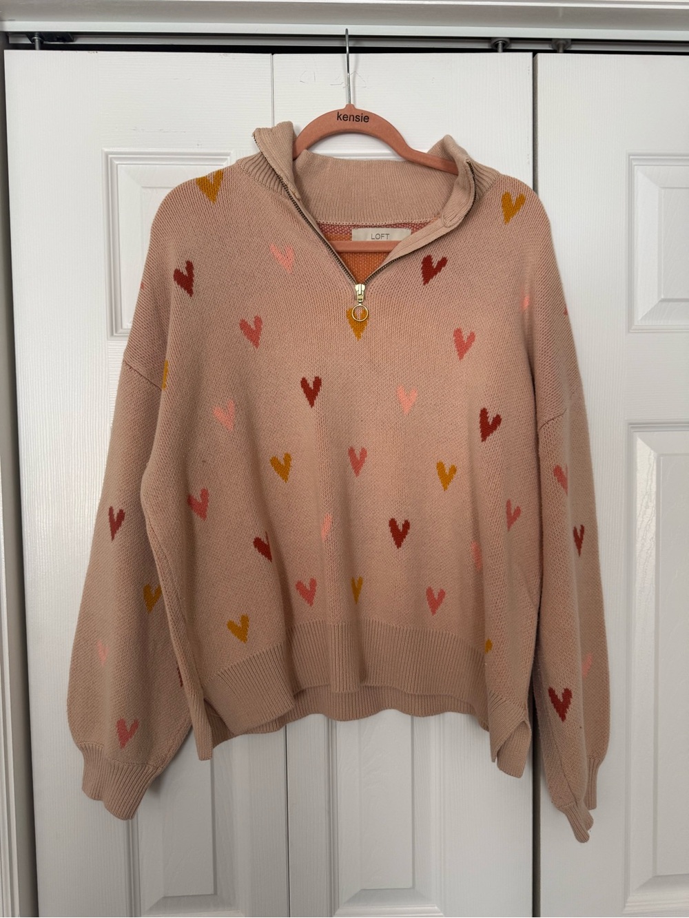 LOFT Pink Heart Zip-Neck Sweater